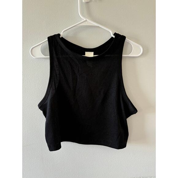 H&M Top Womens Large Black Glittery NWT Crop Tank Sustainable Ribbed Fitted - Picture 1 of 5